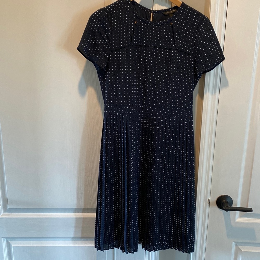 Banana Republic Factory Pleated Navy Polkadot dress